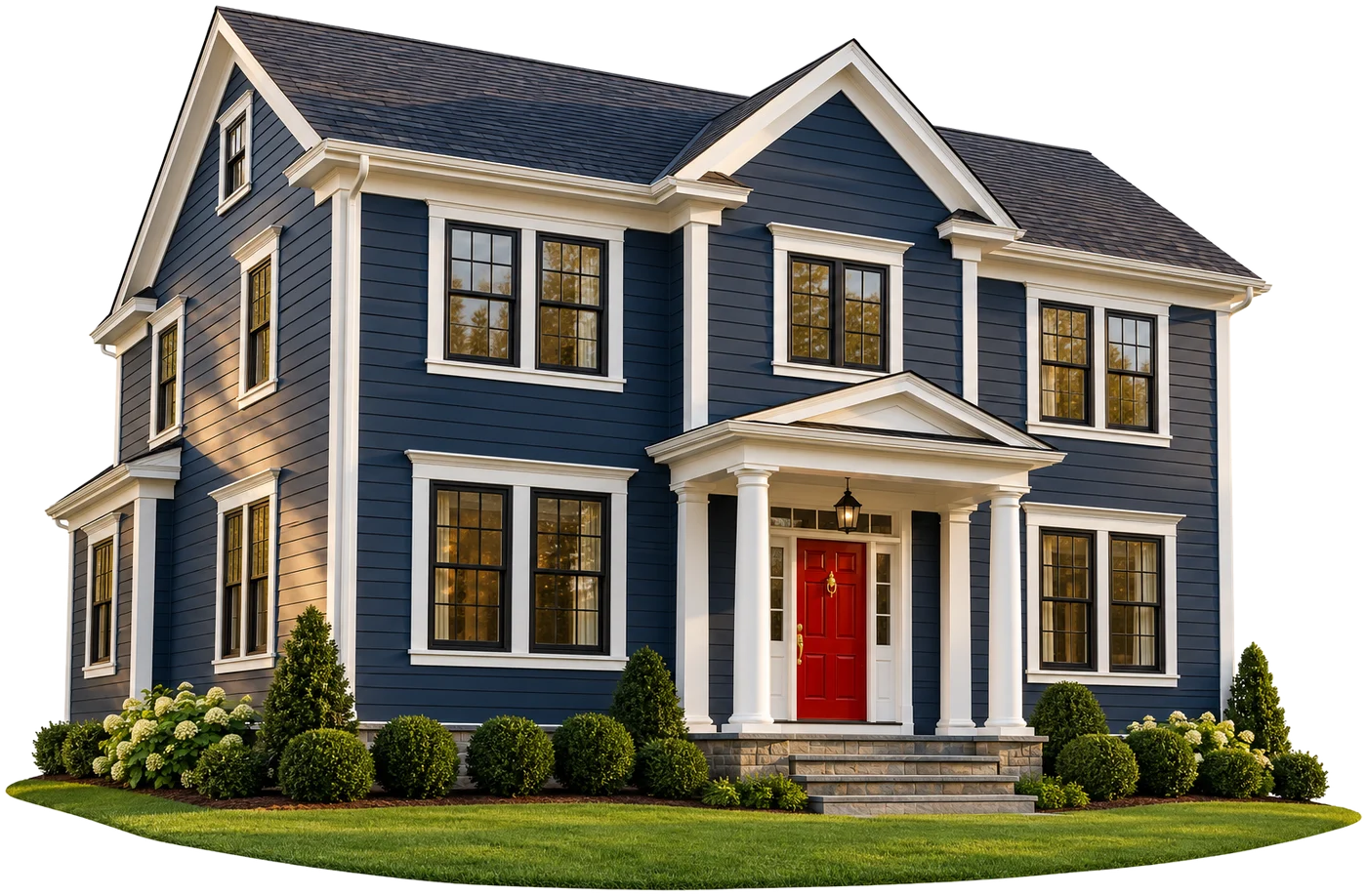 Illustration: a freshly painted colonial house with navy siding, white trim and a red front door